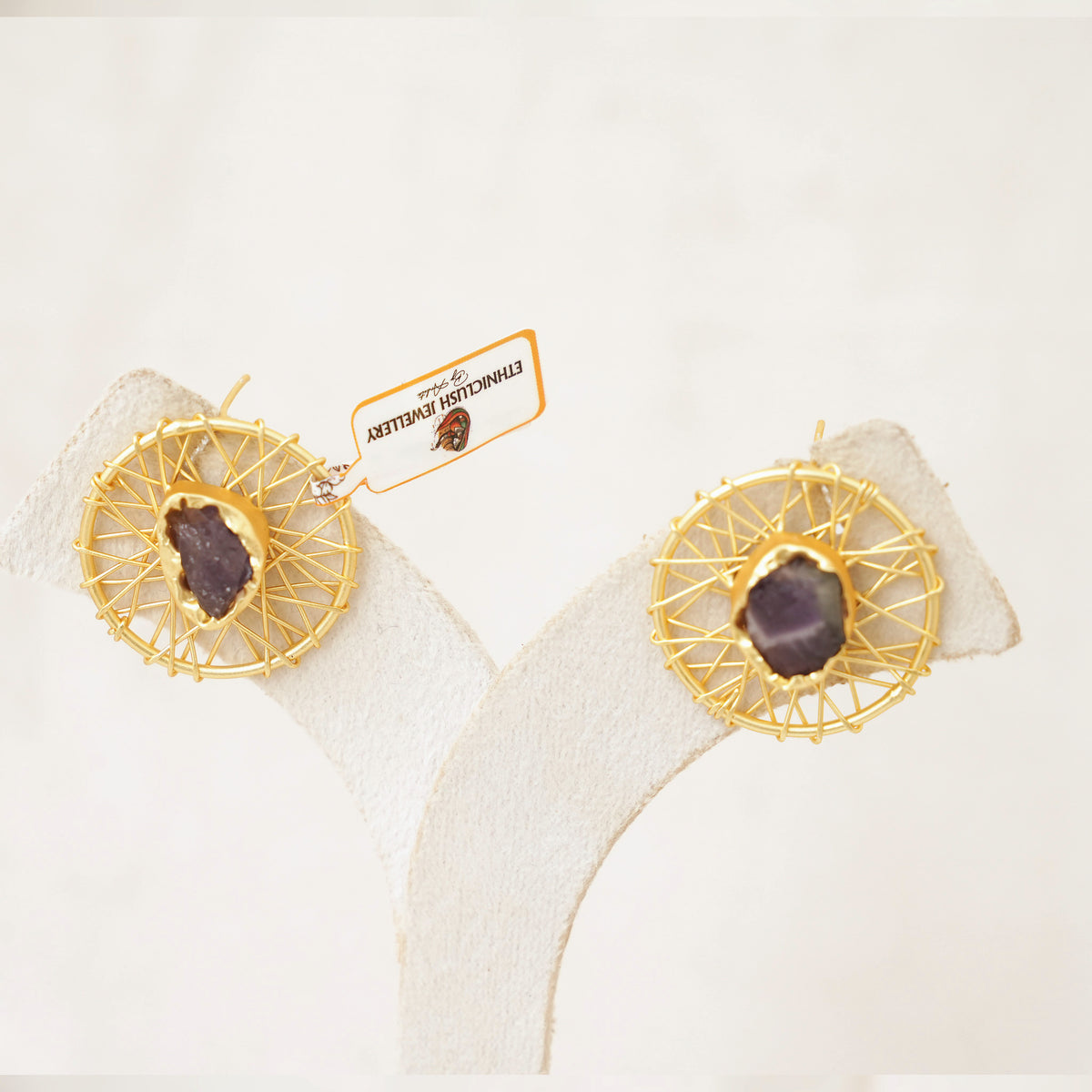 Raw Gemstone Wire Web Stud Earrings - Purple