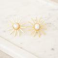 Gold Sunburst Pearl Stud Earrings