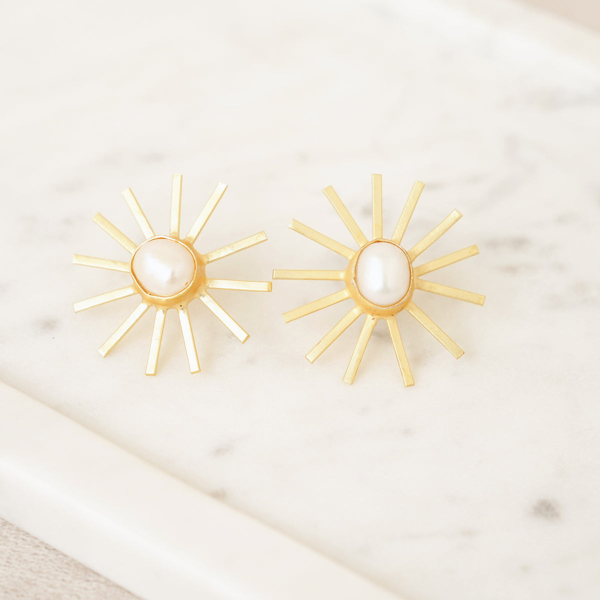 Gold Sunburst Pearl Stud Earrings