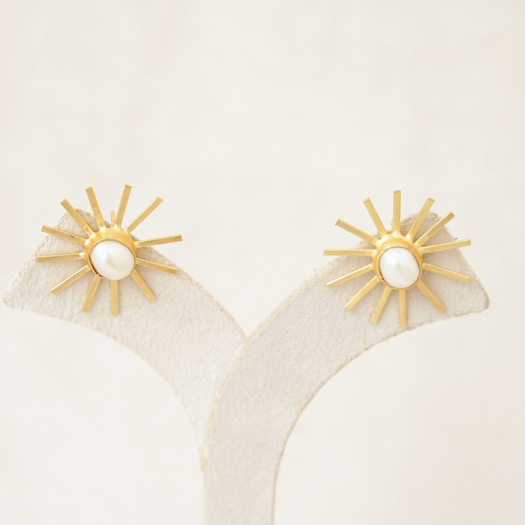Gold Sunburst Pearl Stud Earrings