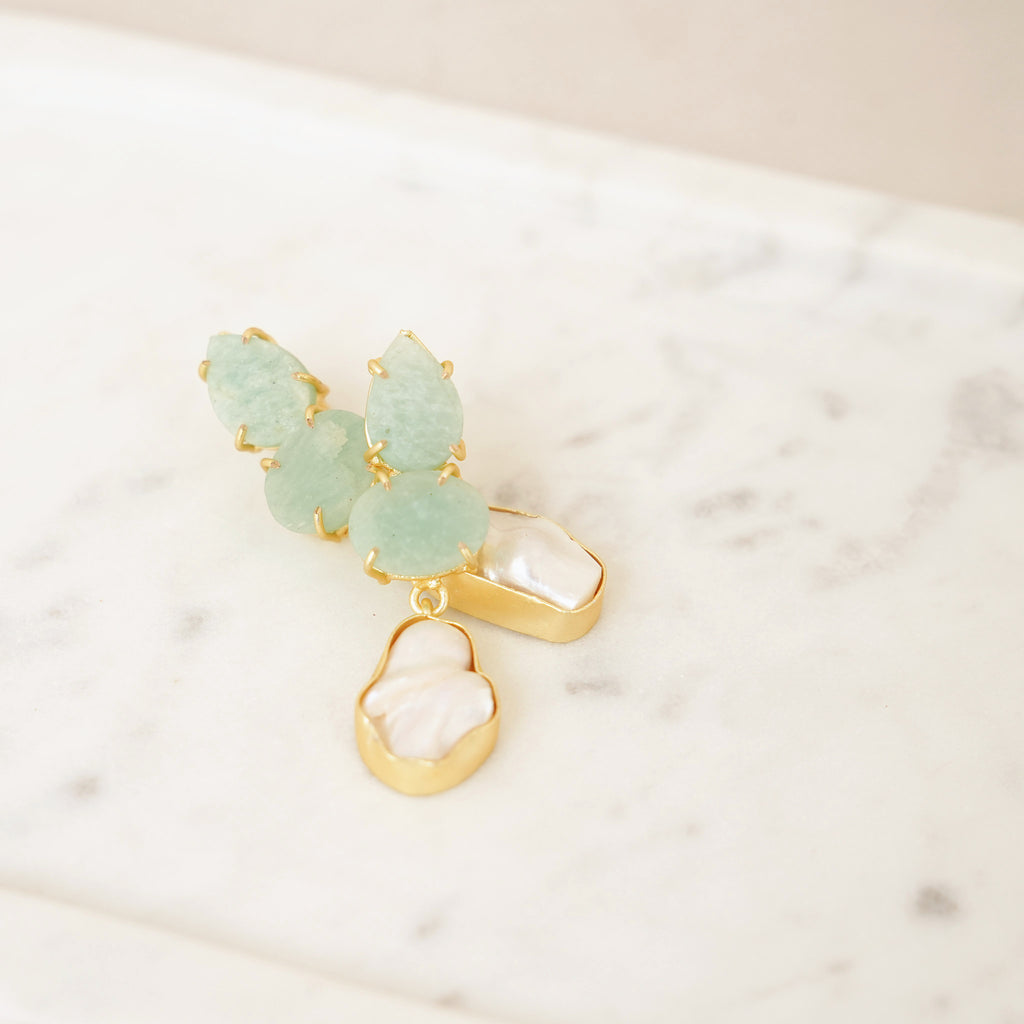 Raw Gemstone & Baroque Pearl Drop Earrings - Sea Green