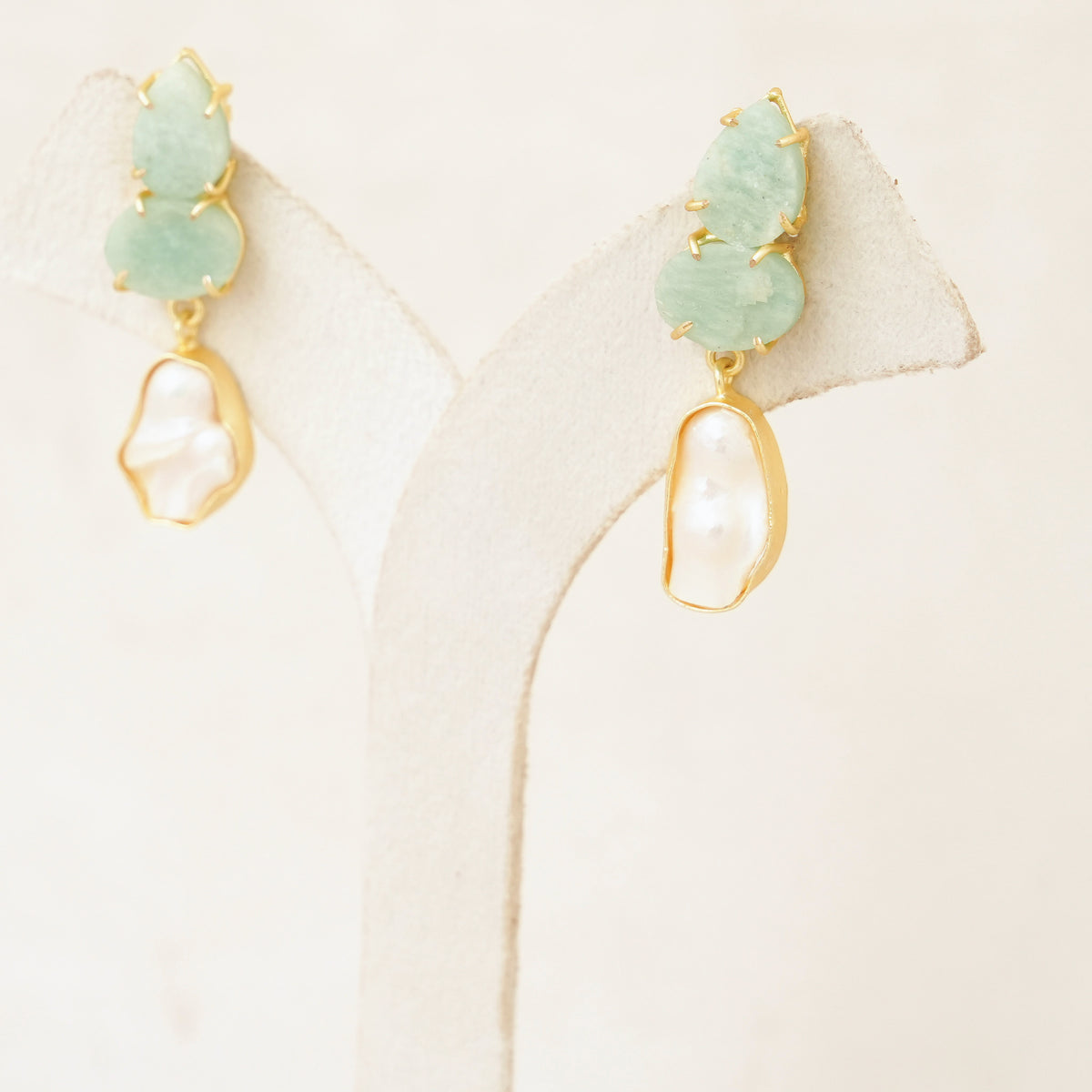 Raw Gemstone & Baroque Pearl Drop Earrings - Sea Green