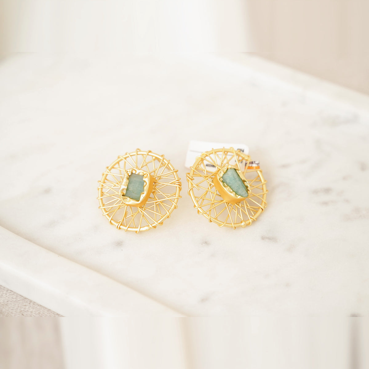 Raw Gemstone Wire Web Stud Earrings - Green