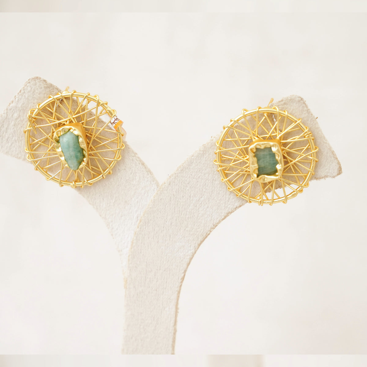 Raw Gemstone Wire Web Stud Earrings - Green