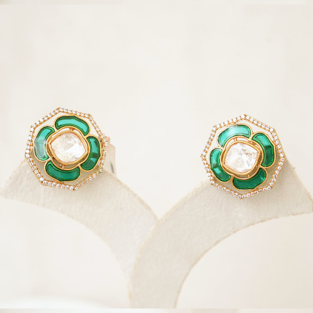Green Enamel Kundan Polki Stud Earrings