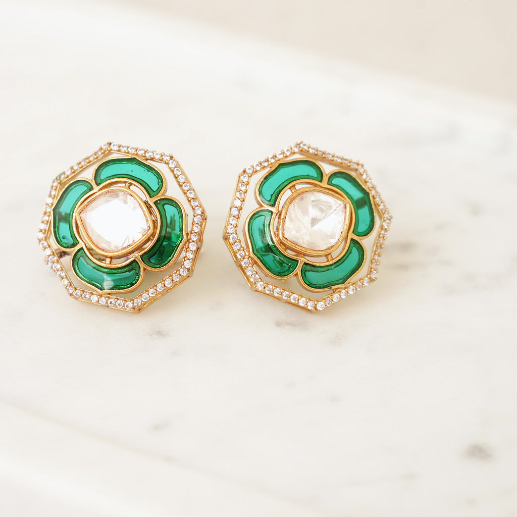 Green Enamel Kundan Polki Stud Earrings
