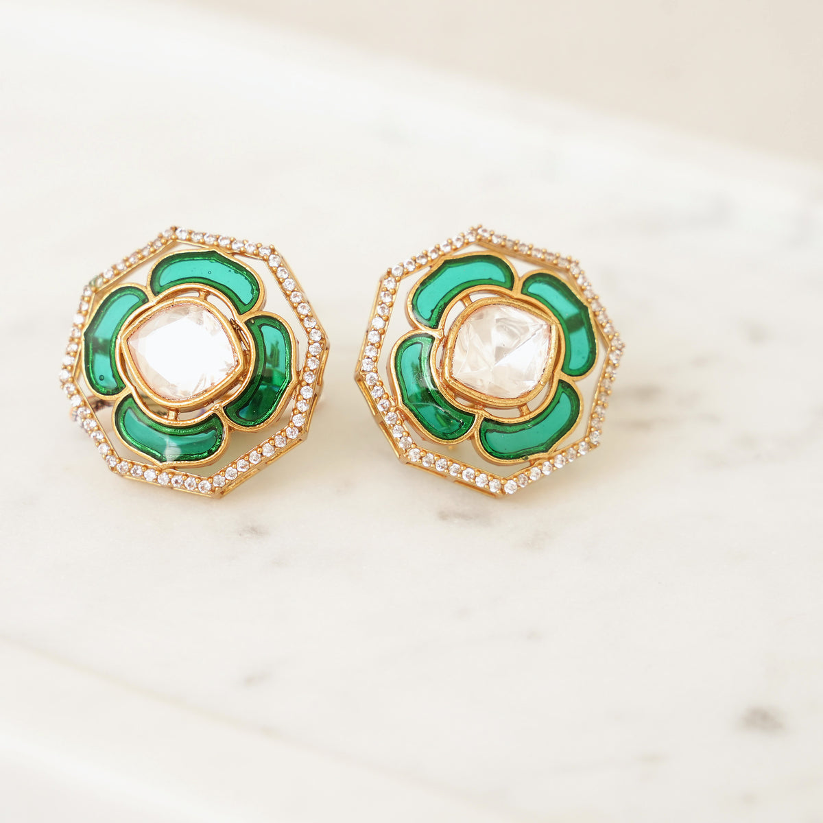 Green Enamel Kundan Polki Stud Earrings