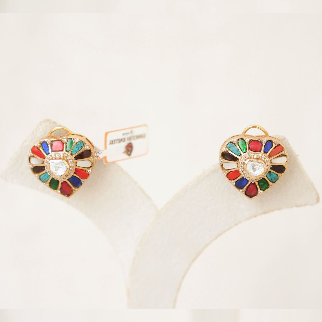 Navratna Kundan Heart Stud Earrings