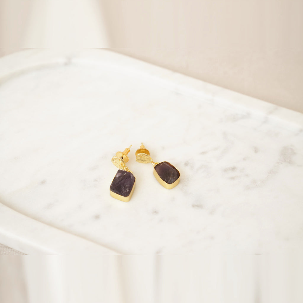 Raw Gemstone Drop Earrings with Textured Gold Top - Purple