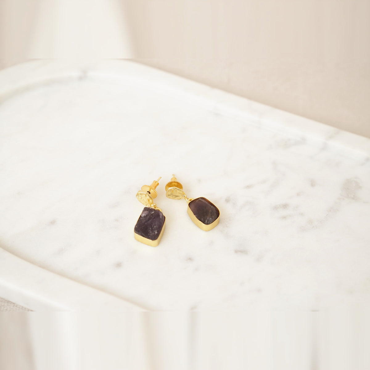 Raw Gemstone Drop Earrings with Textured Gold Top - Purple