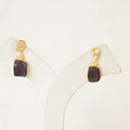 Raw Gemstone Drop Earrings with Textured Gold Top - Purple