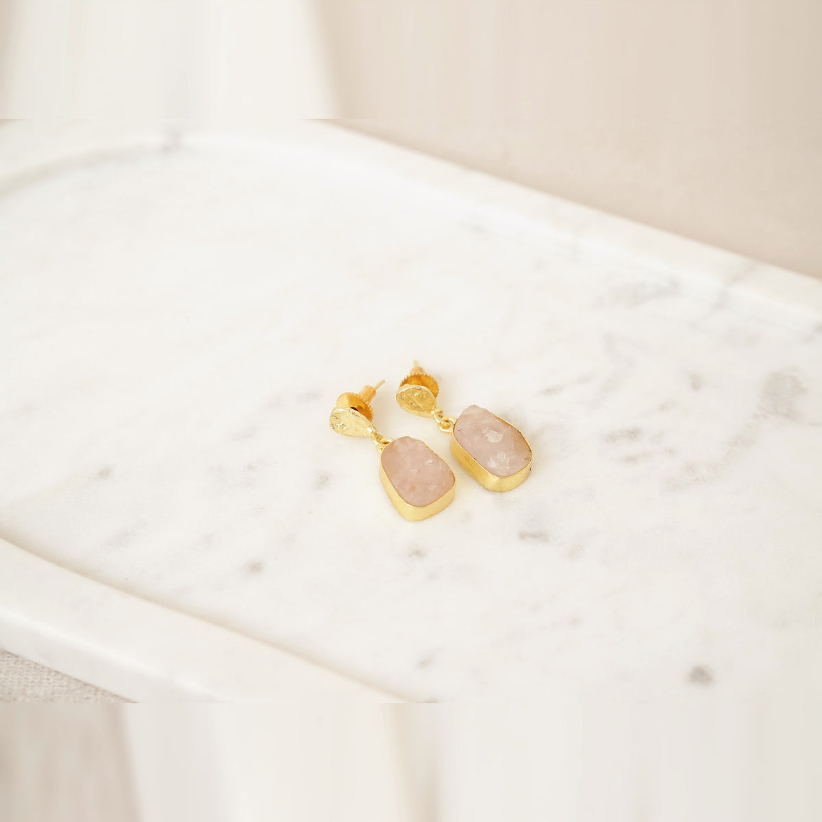 Raw Gemstone Drop Earrings with Textured Gold Top - Pink