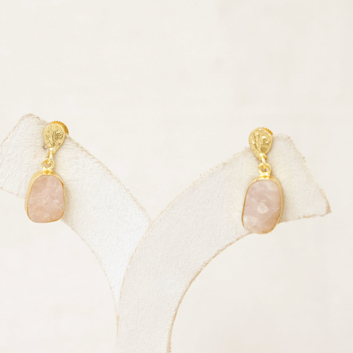 Raw Gemstone Drop Earrings with Textured Gold Top - Pink