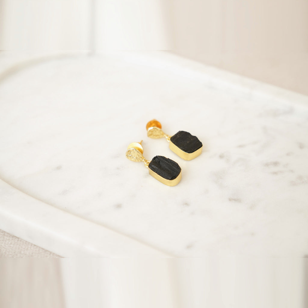 Raw Gemstone Drop Earrings with Textured Gold Top - Black