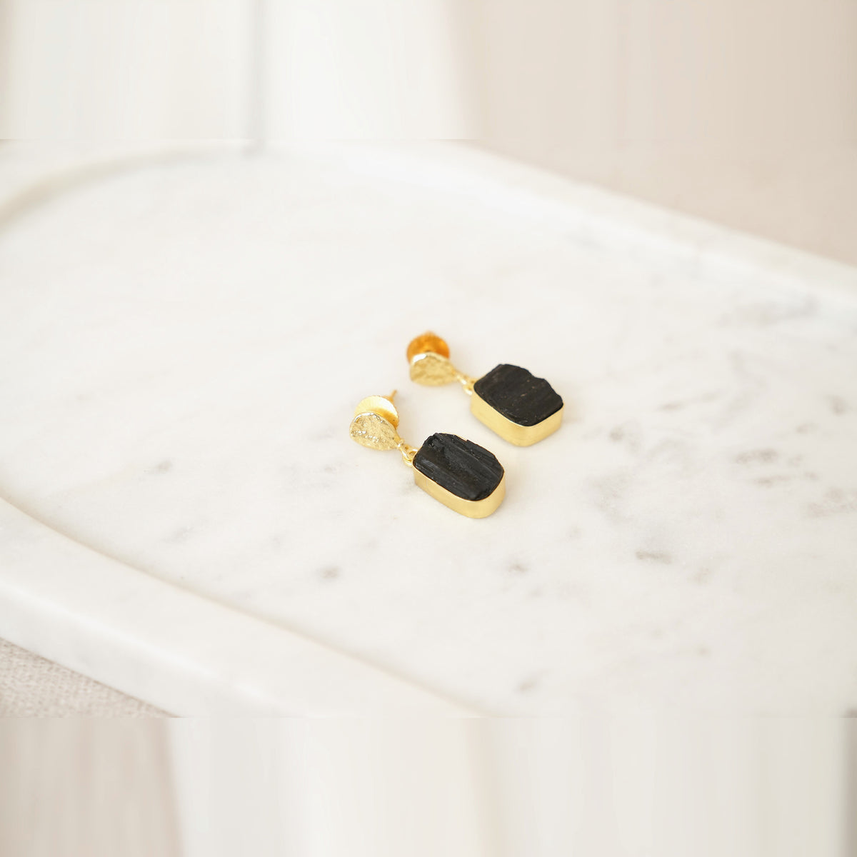 Raw Gemstone Drop Earrings with Textured Gold Top - Black