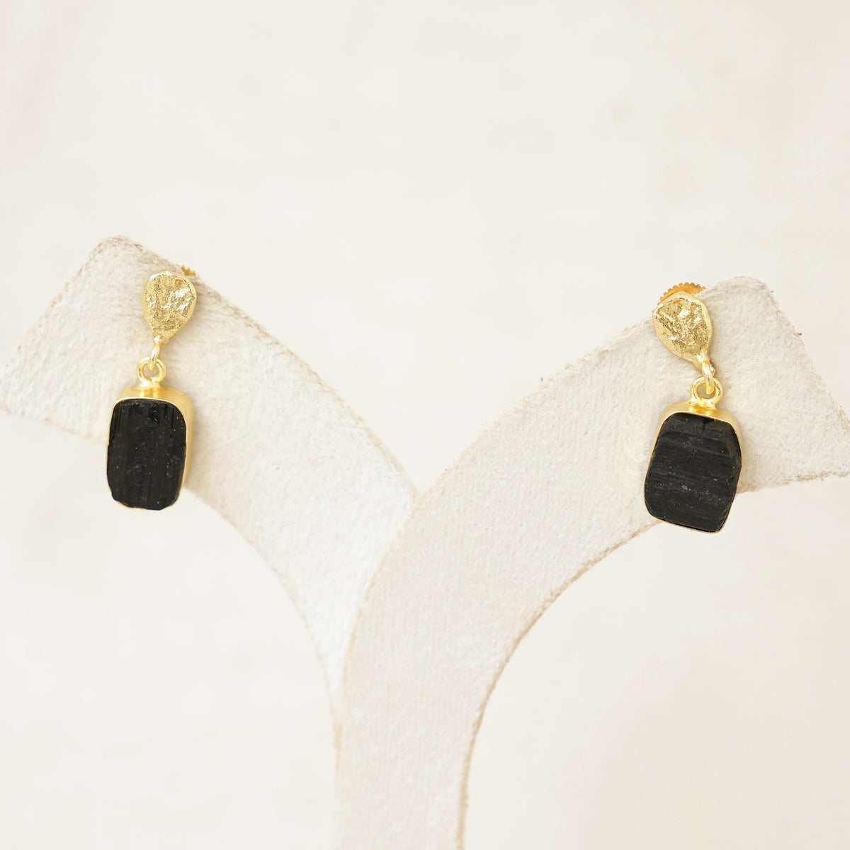 Raw Gemstone Drop Earrings with Textured Gold Top - Black