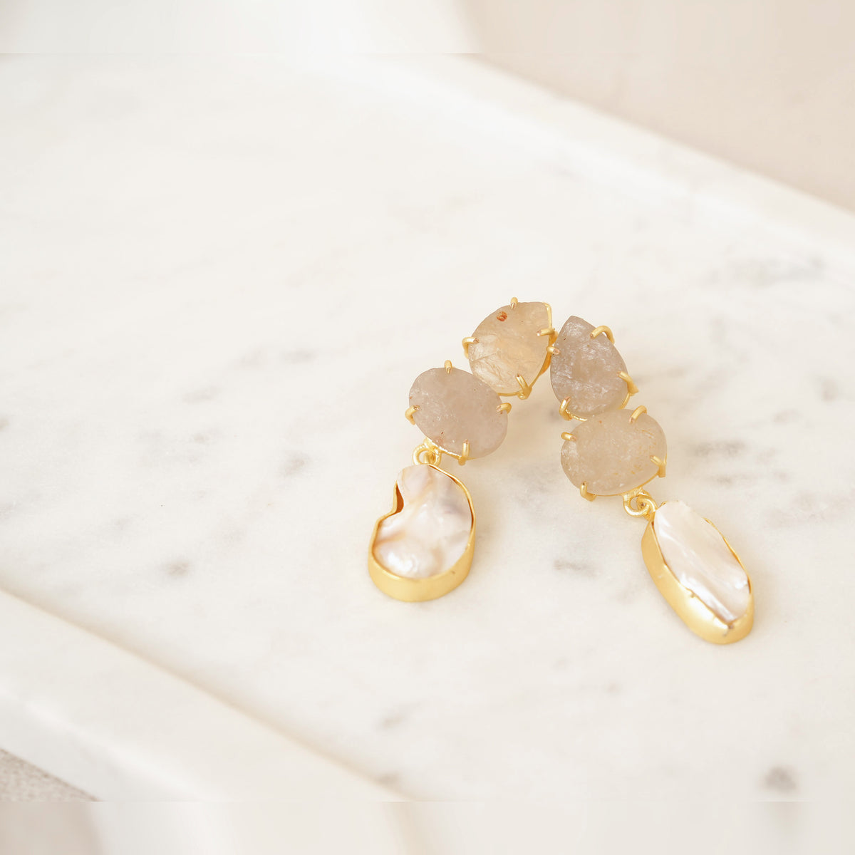 Raw Gemstone & Baroque Pearl Drop Earrings - Grey