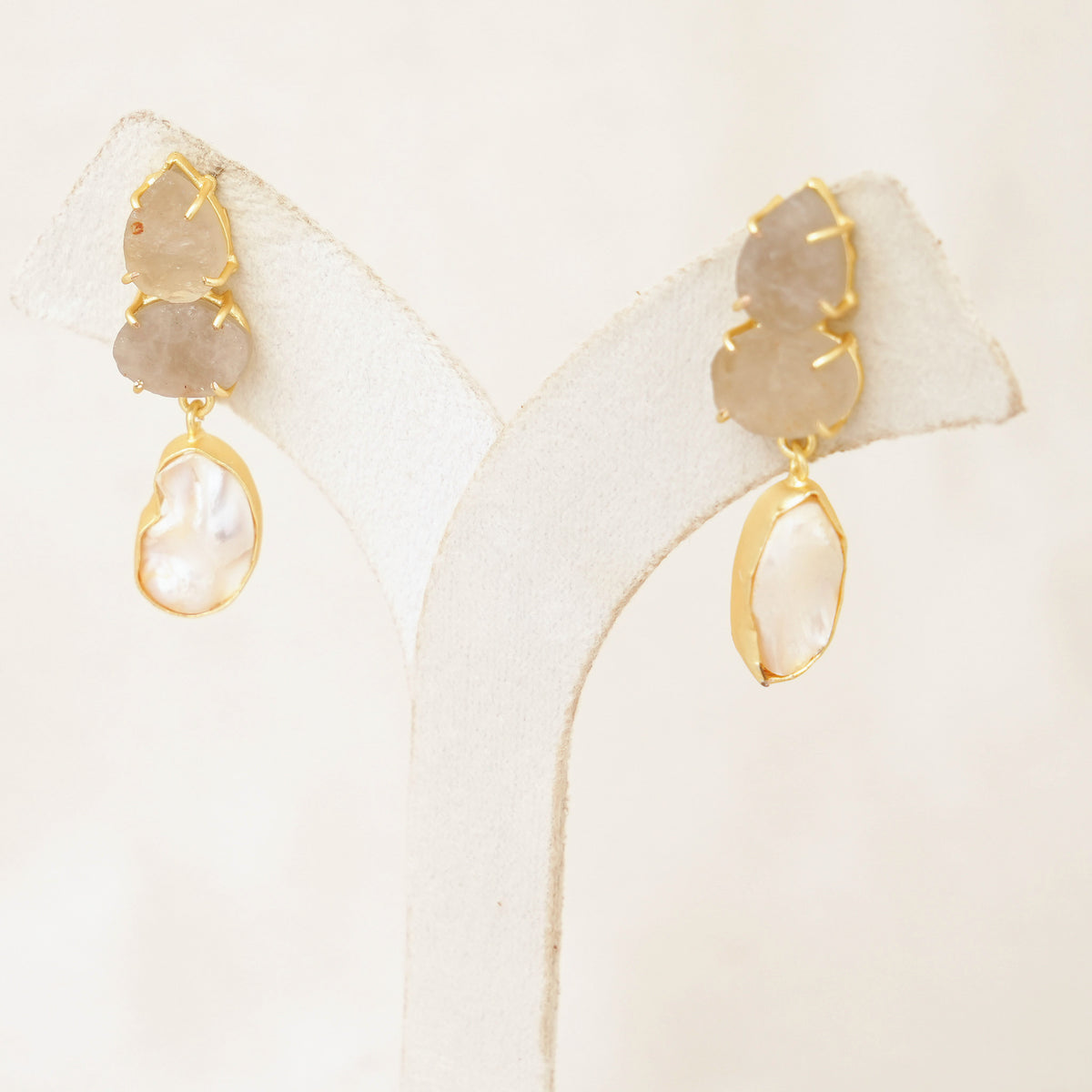 Raw Gemstone & Baroque Pearl Drop Earrings - Grey