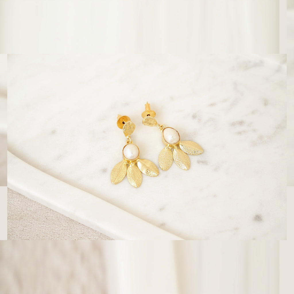 Gold Leaf & Pearl Drop Earrings
