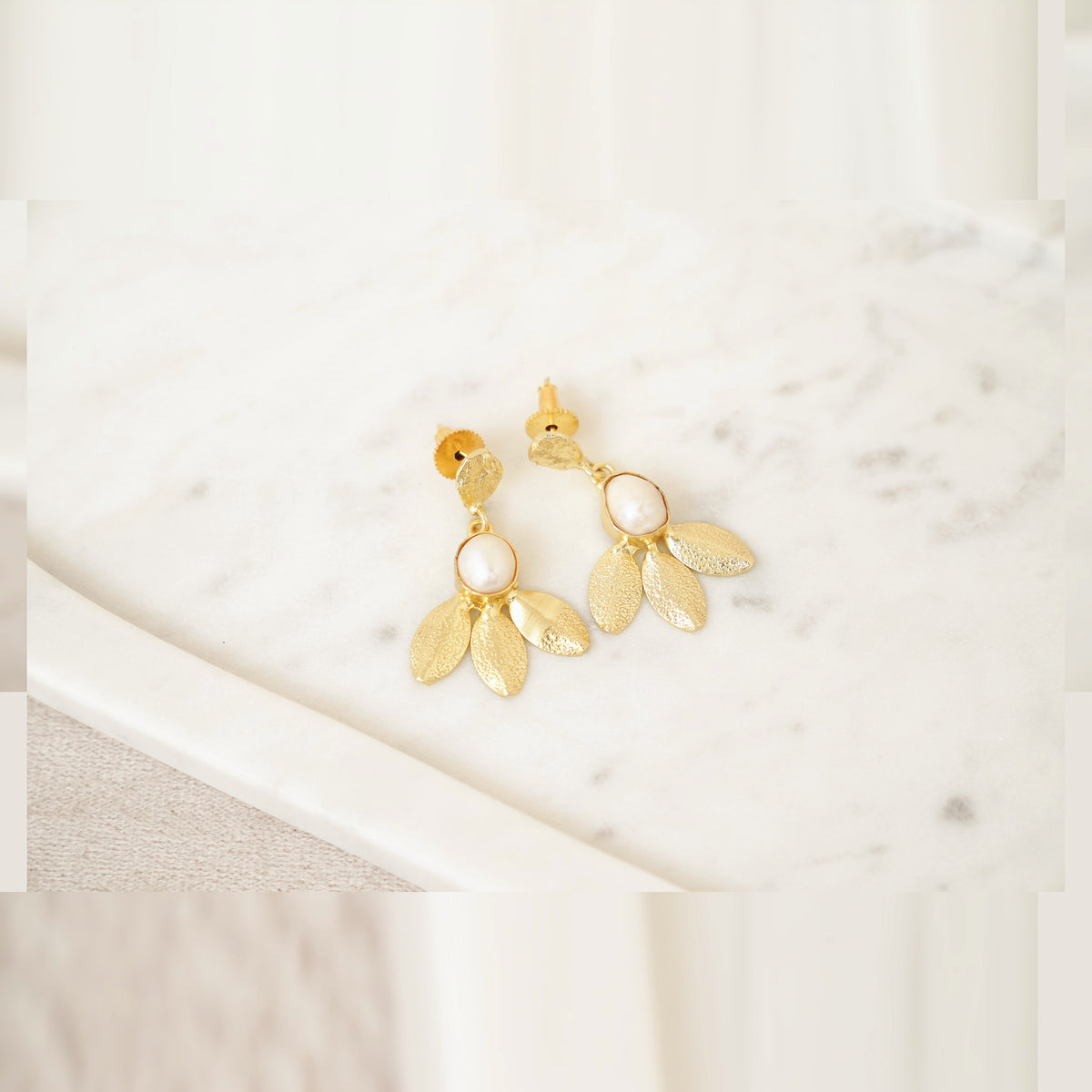 Gold Leaf & Pearl Drop Earrings