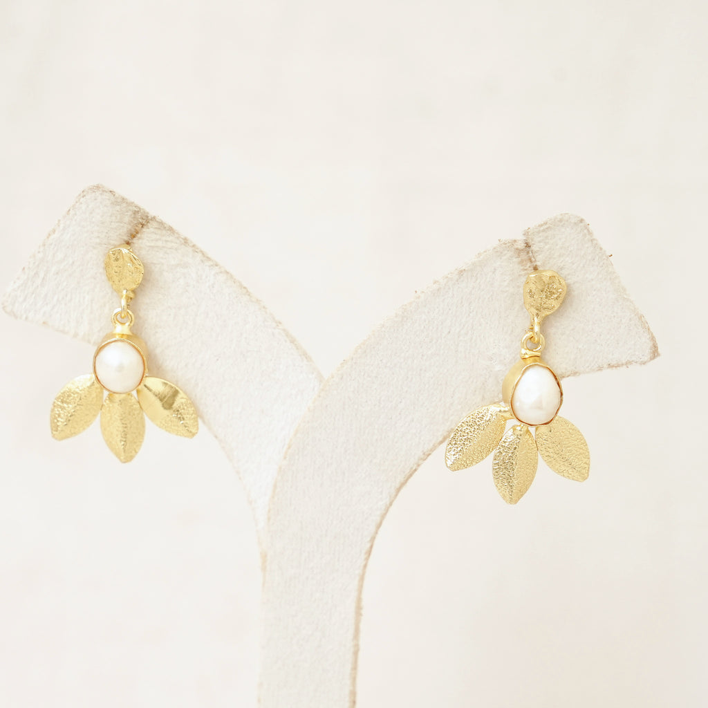 Gold Leaf & Pearl Drop Earrings