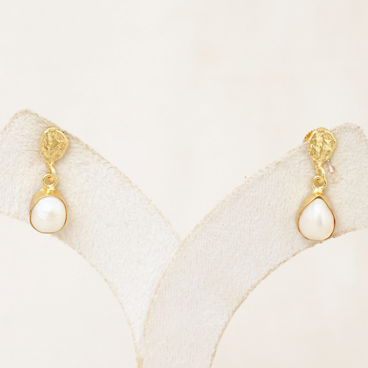 Raw Gemstone Drop Earrings with Textured Gold Top - Pearl White
