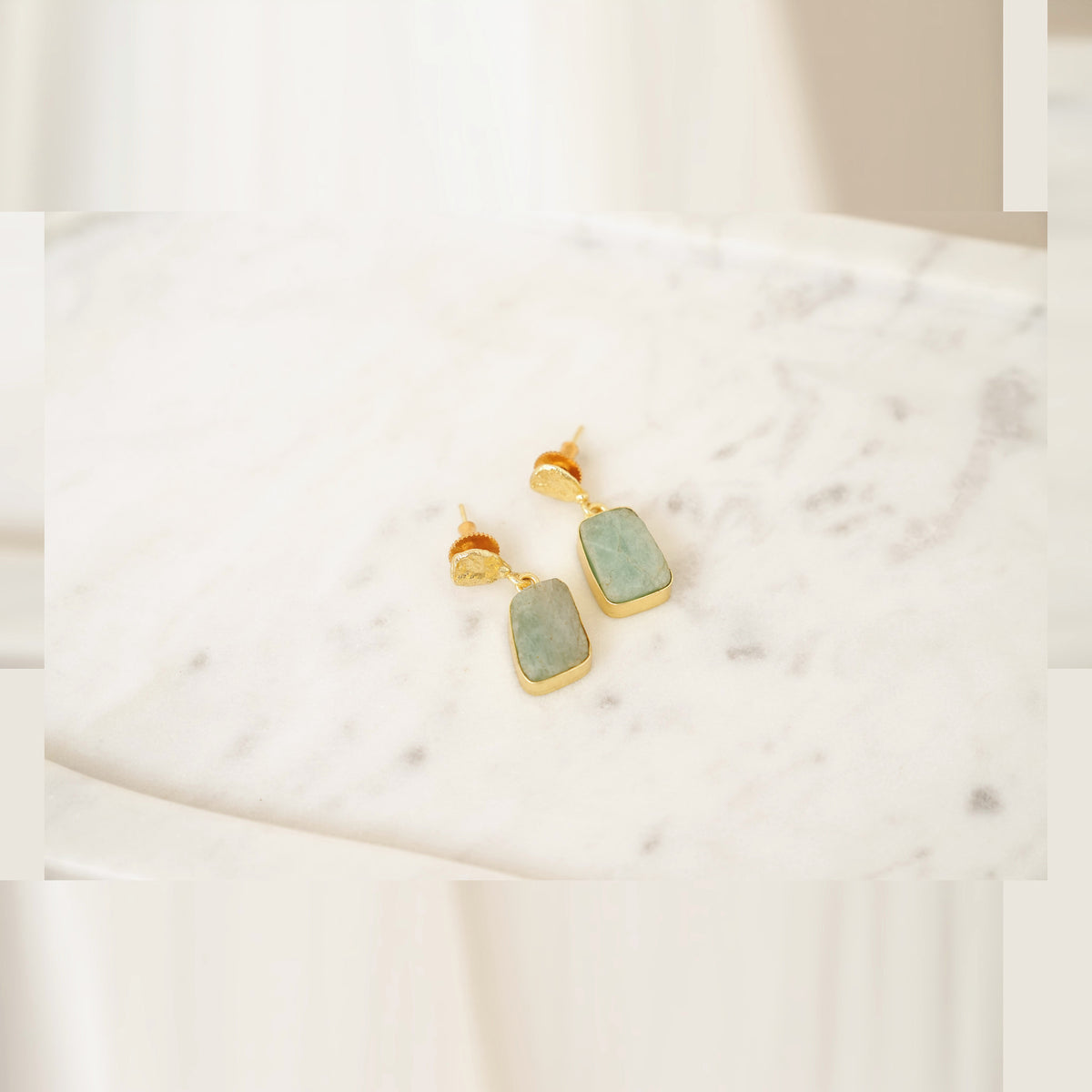 Raw Gemstone Drop Earrings with Textured Gold Top - Aqua