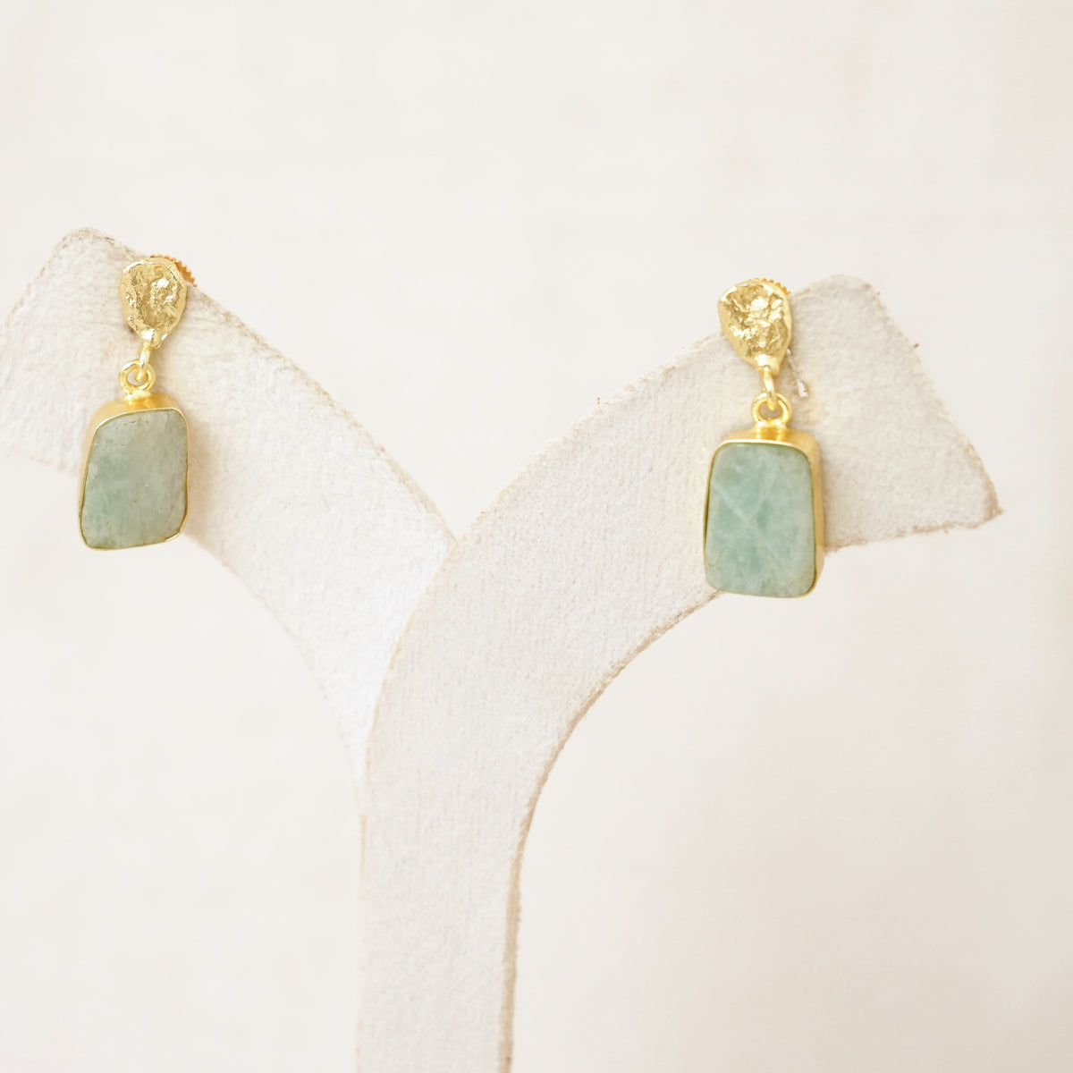 Raw Gemstone Drop Earrings with Textured Gold Top - Aqua