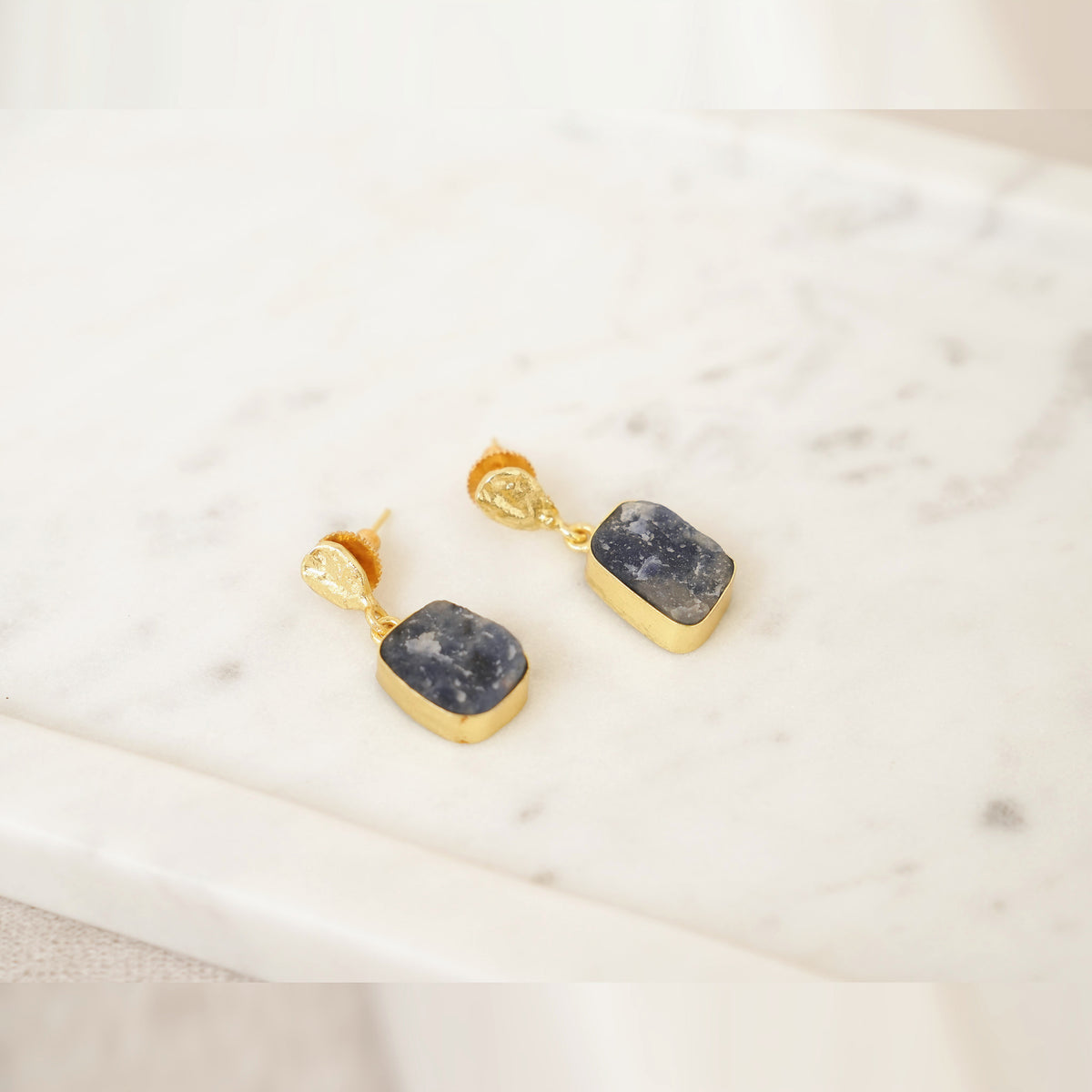 Raw Gemstone Drop Earrings with Textured Gold Top - Blue