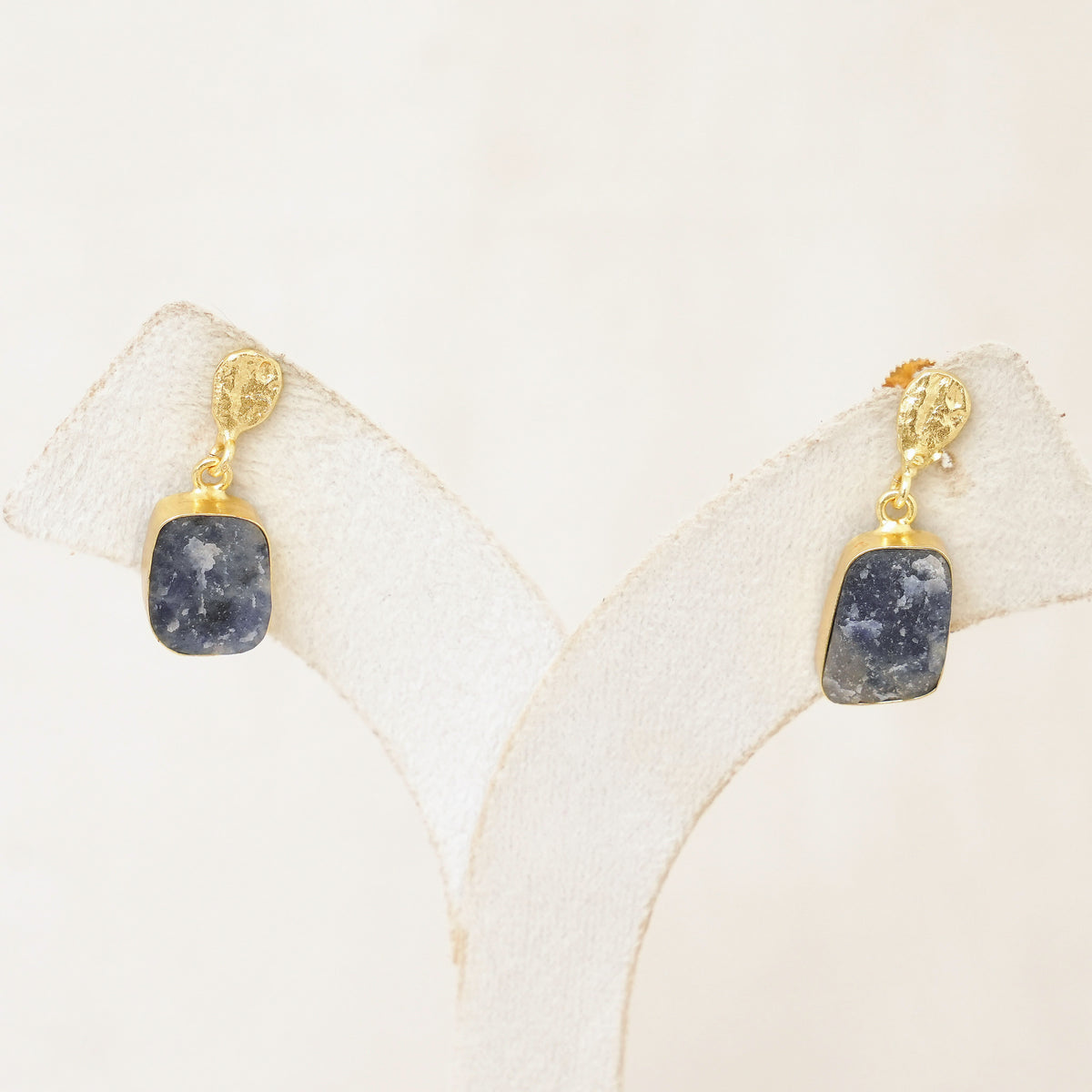 Raw Gemstone Drop Earrings with Textured Gold Top - Blue