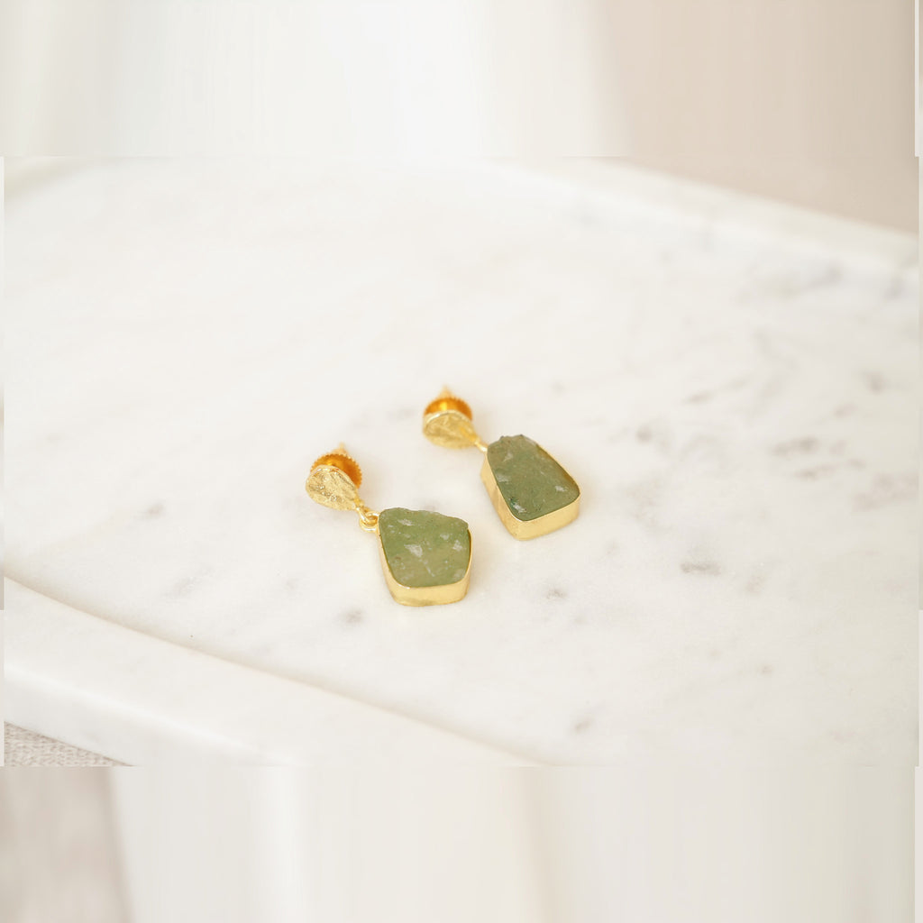 Raw Gemstone Drop Earrings with Textured Gold Top - Light Green