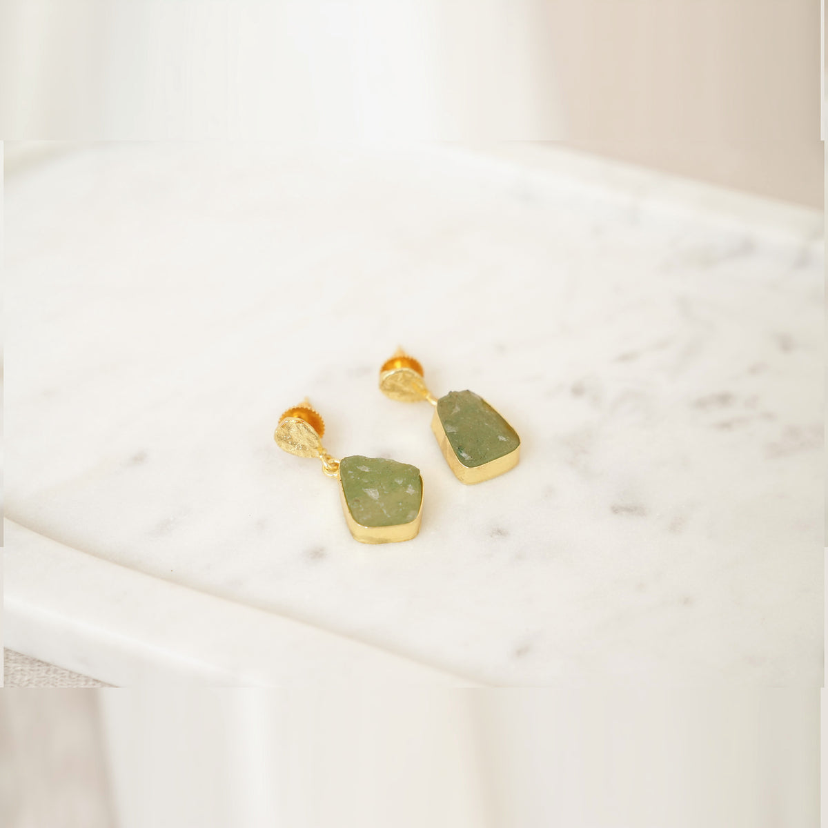 Raw Gemstone Drop Earrings with Textured Gold Top - Light Green