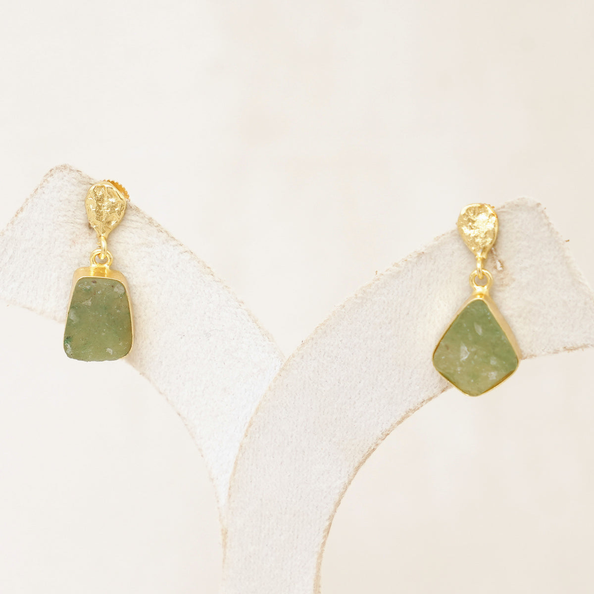 Raw Gemstone Drop Earrings with Textured Gold Top - Light Green