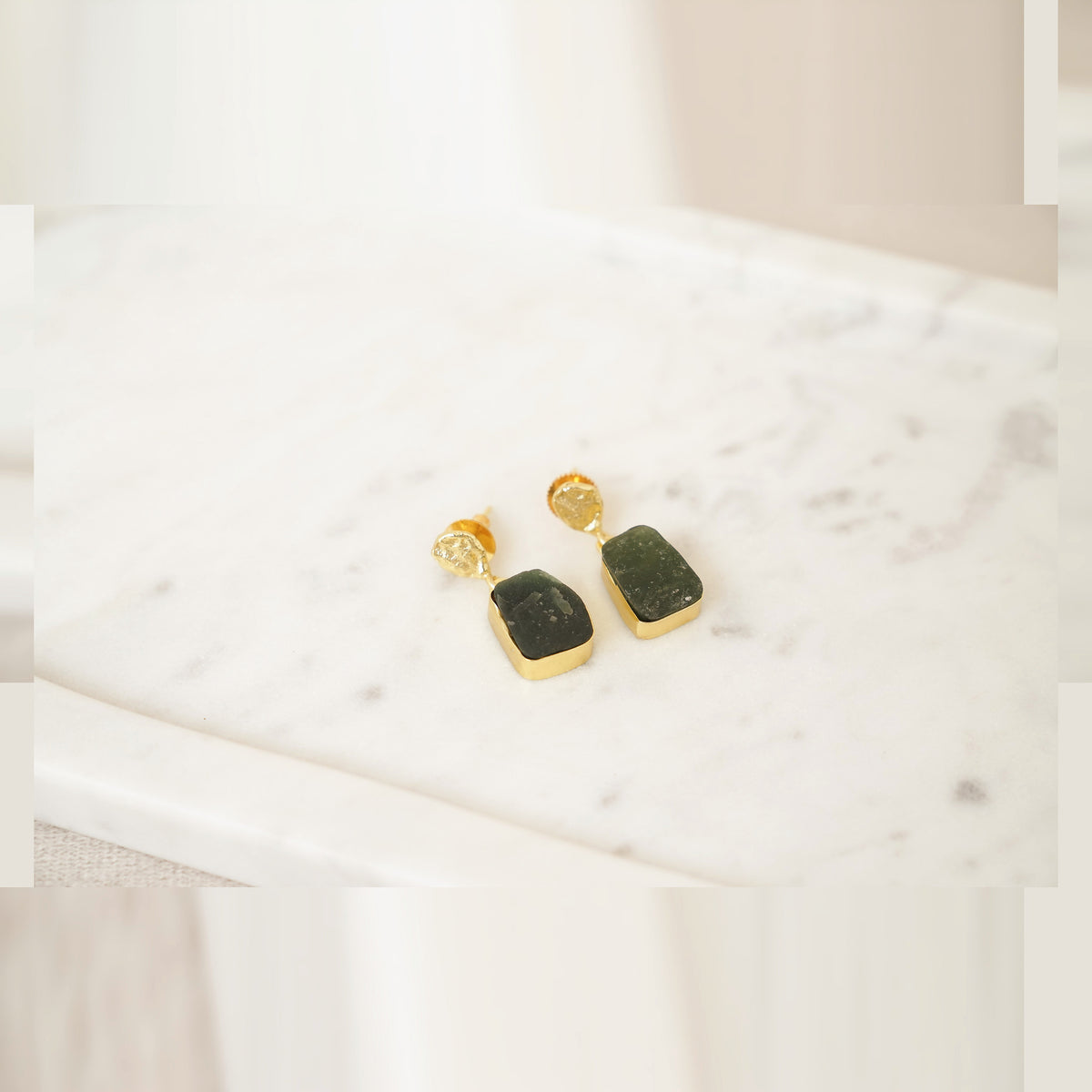 Raw Gemstone Drop Earrings with Textured Gold Top - Dark Green