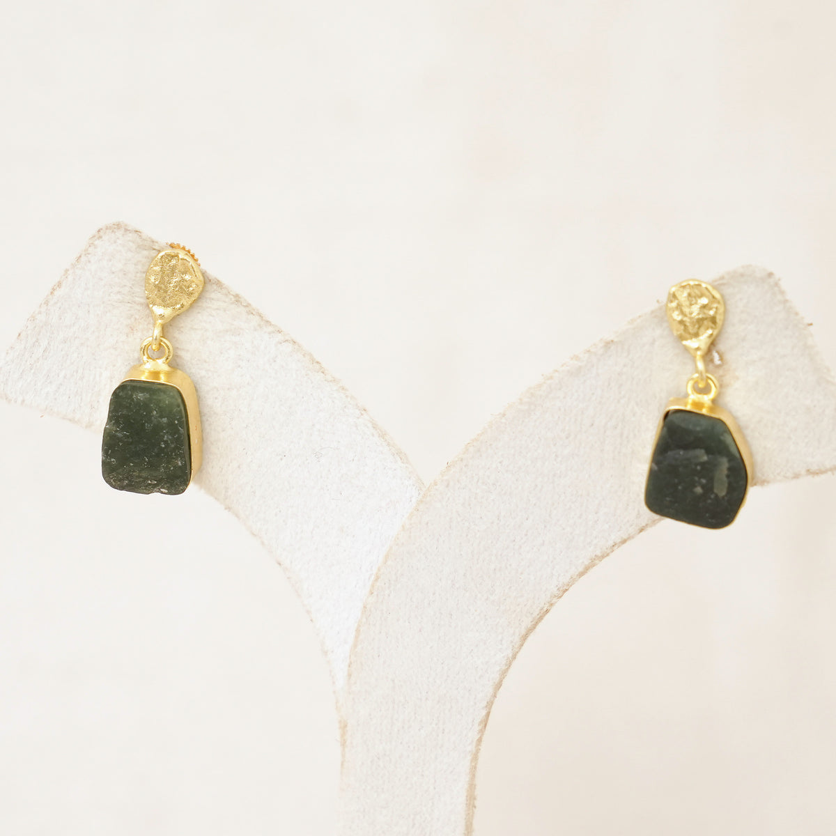 Raw Gemstone Drop Earrings with Textured Gold Top - Dark Green