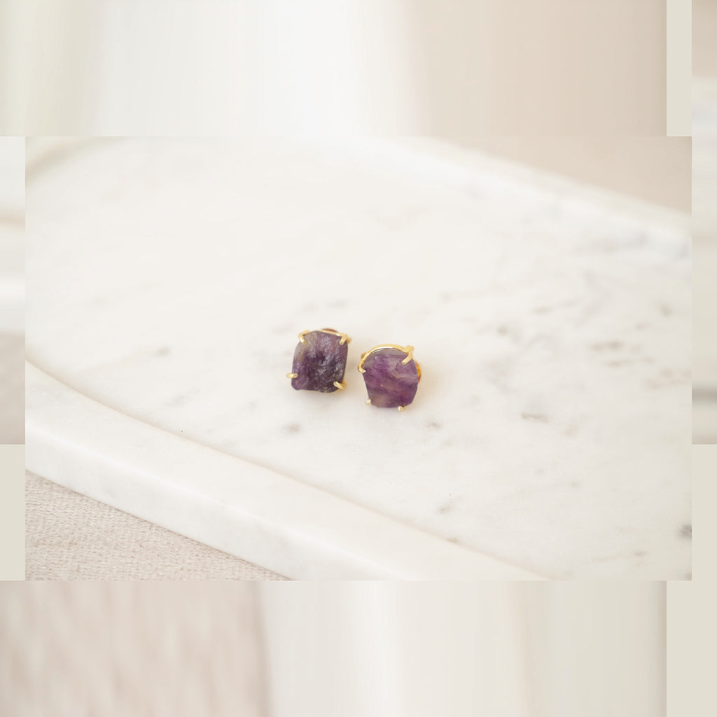 Raw Gemstone Prong Stud Earrings - Purple