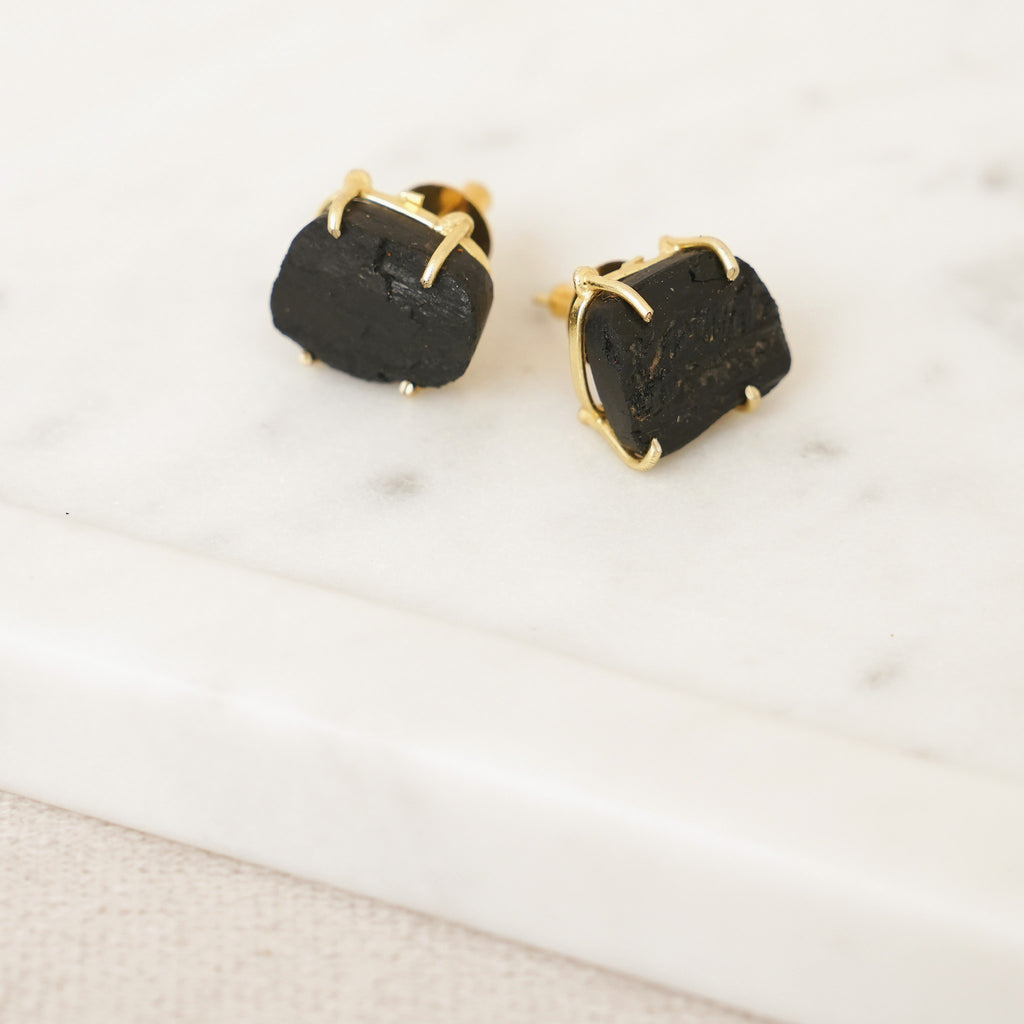 Raw Gemstone Prong Stud Earrings - Black