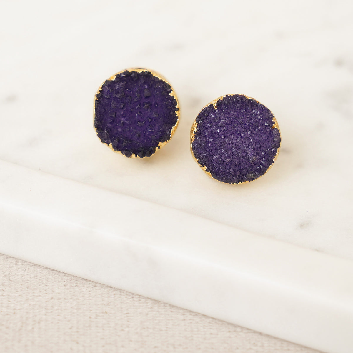 Purple Druzy Round Stud Earrings