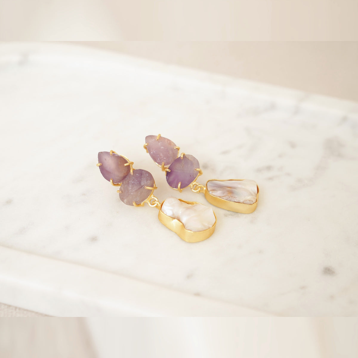 Raw Gemstone & Baroque Pearl Drop Earrings - Purple
