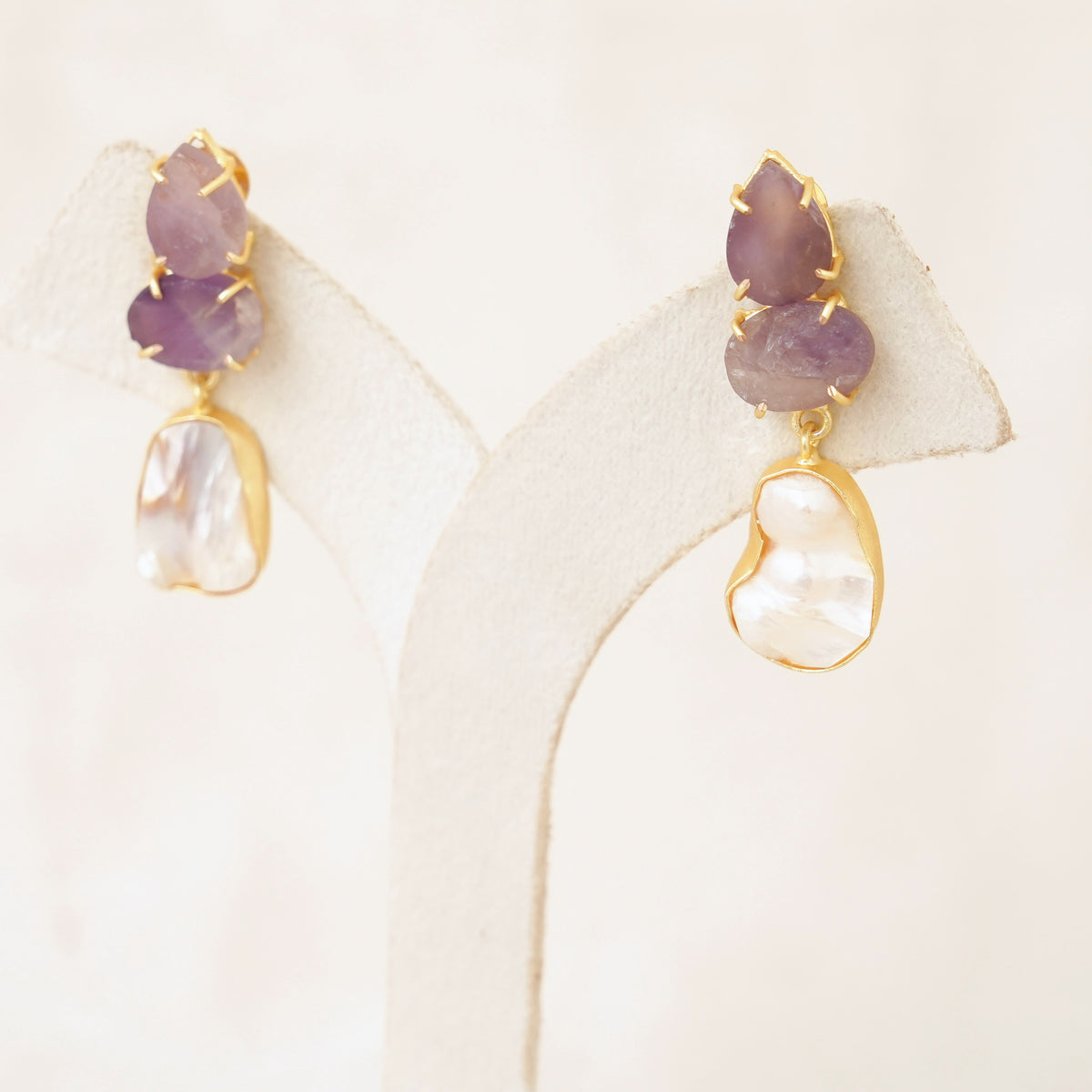 Raw Gemstone & Baroque Pearl Drop Earrings - Purple