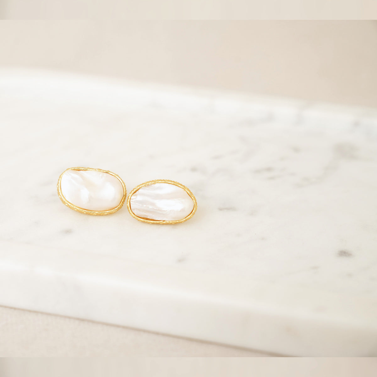 Baroque Pearl Stud Earrings - Bezel Set