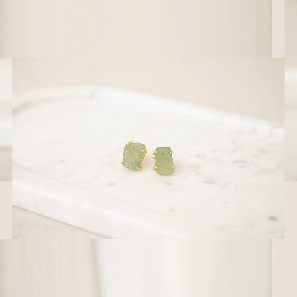 Raw Gemstone Prong Stud Earrings - Green