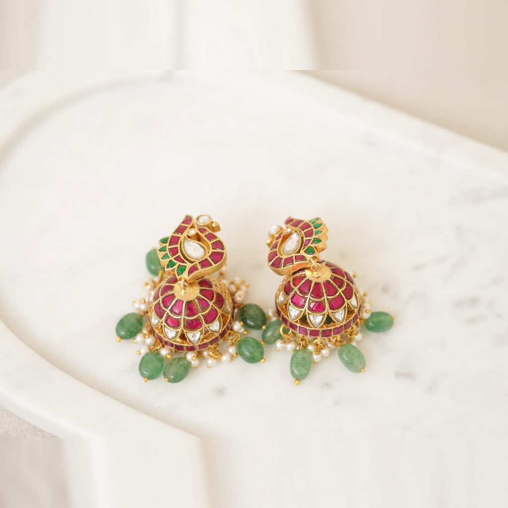 Ruby Kundan Jhumka with Green Bead Drops