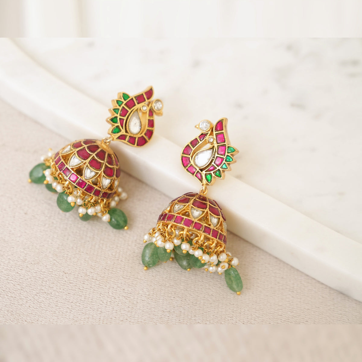 Ruby Kundan Jhumka with Green Bead Drops