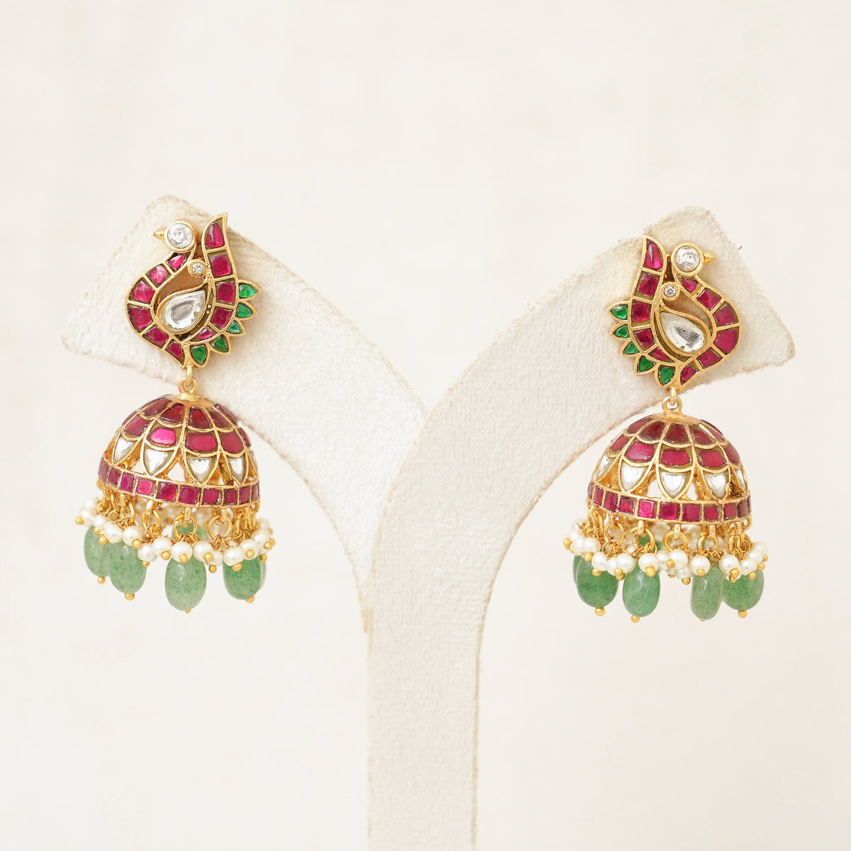 Ruby Kundan Jhumka with Green Bead Drops