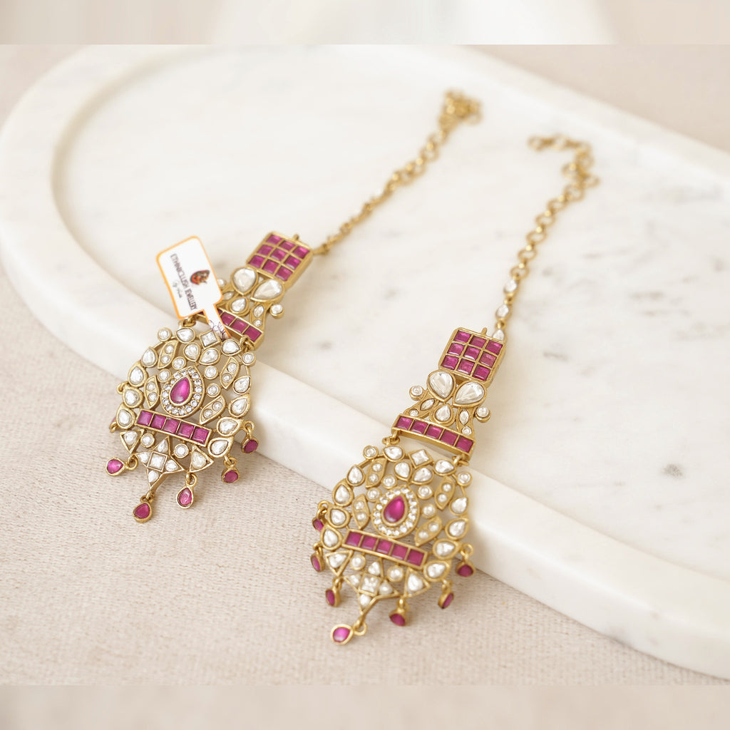 Kundan Chandelier Earrings with Ear Chain - Ruby Red