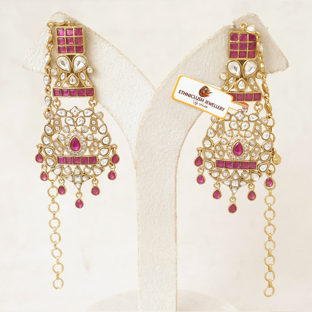 Kundan Chandelier Earrings with Ear Chain - Ruby Red