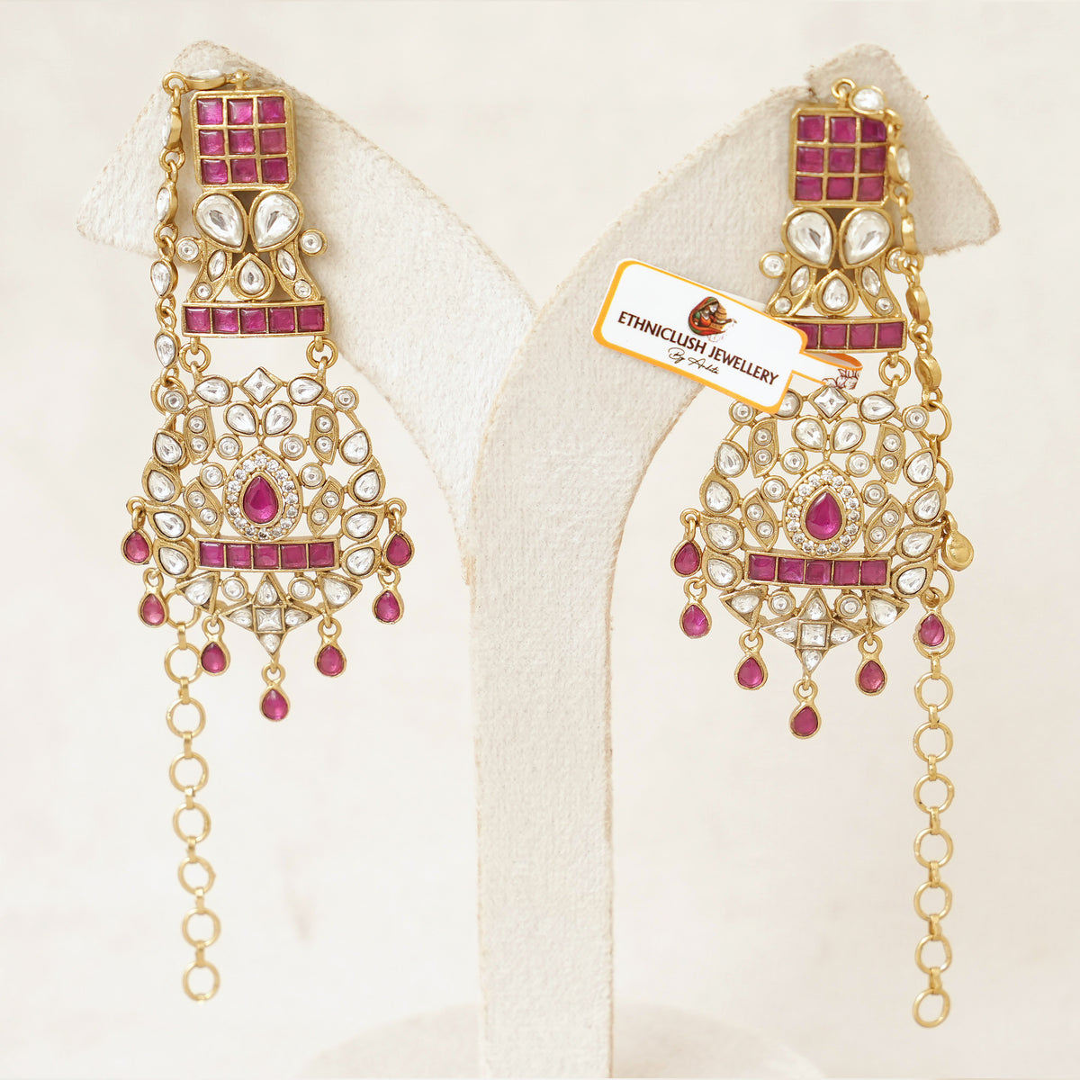 Kundan Chandelier Earrings with Ear Chain - Ruby Red