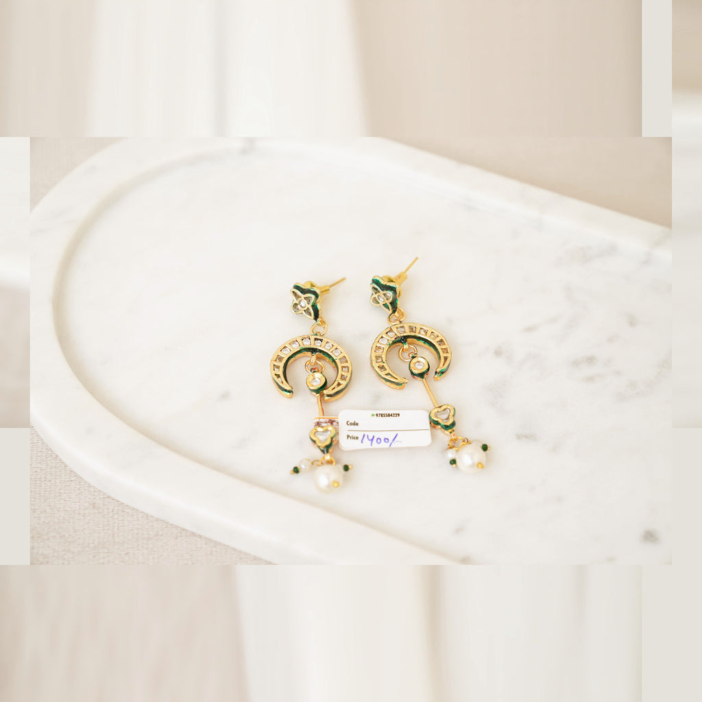 Kundan Crescent Long Drop Earrings - Pearl White