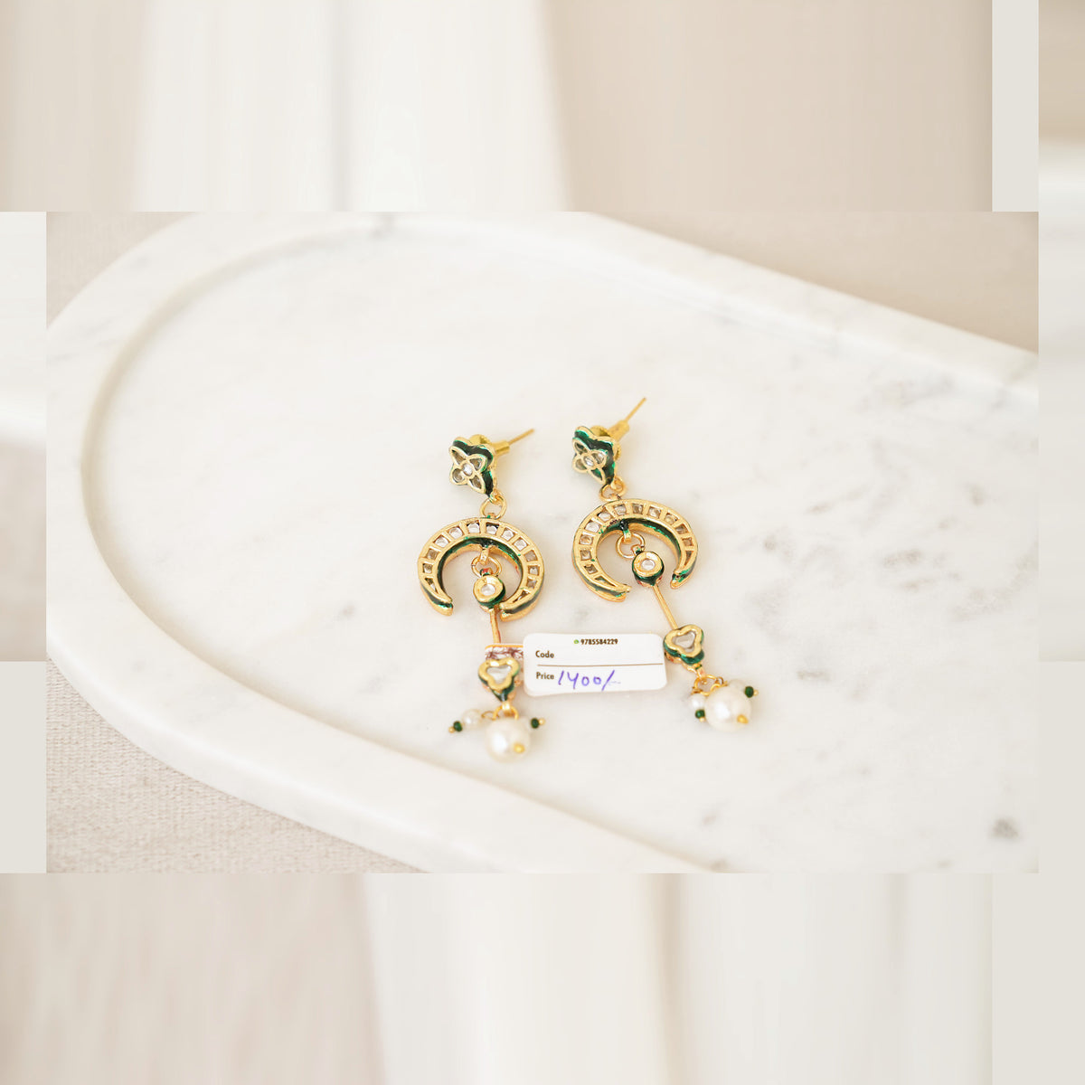 Kundan Crescent Long Drop Earrings - Pearl White